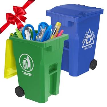 Imagem de Wiosi Mini porta-canetas de lixo para mesa, pacote com 2, azul e verde, porta-lápis minúsculo para lixeira | Armazenamento para lápis e canetas | Artigos de papelaria de escritório para organizar a