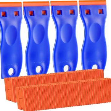 Imagem de 4 raspadores de lâmina de barbear de plástico e 100 lâminas, raspador de plástico, removedor de adesivo para adesivos, juntas e tintas no vidro do carro da janela