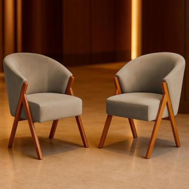 Imagem de Kit 2 Poltrona Sala Yumi Veludo Bege Pés Madeira Maciça Castanho - ARK