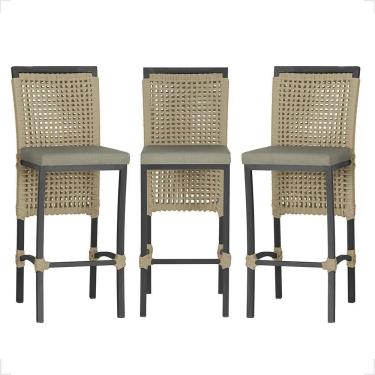 Imagem de 3 Banqueta Em Alumínio Roma Preta Corda Náutica Tecido 8 Rami