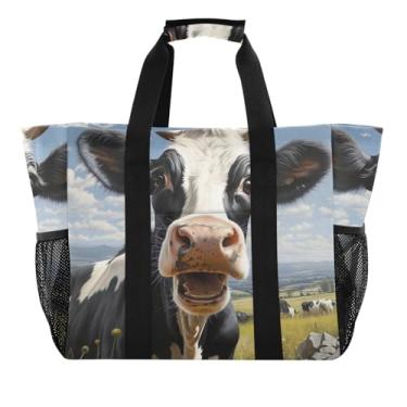 Imagem de ODAWA Bolsa de compras com retrato de vaca Curious Mom Curious, bolsa estética resistente à água com alças abertas, Retrato de vaca curiosa, One Size
