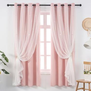 Imagem de Ftinala Cortinas rosa claro blackout para quarto de meninas - recorte de estrela estética camada dupla com sobreposição branca transparente, 213 cm de comprimento, 1 painel, linda cortina para quarto