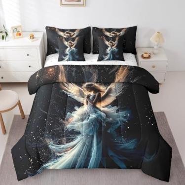 Imagem de Erosebridal Jogo de cama de anjo 3D Queen anime para meninas, conjunto de cama de anjo humano, linda decoração de anjo (edredom + lençol de cima + 2 fronhas + 2 capas de travesseiro) Conjunto de cama