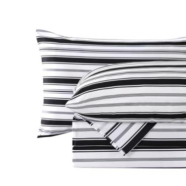 Imagem de MCO Conjunto de lençóis listrados de 4 peças, conjunto de lençol King respirável com bolso profundo de 41 cm, moderno e luxuoso, conjunto de cama de microfibra escovada (king, preto)