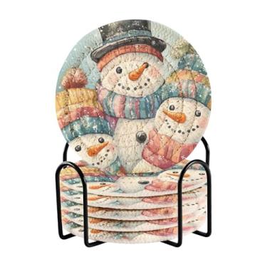 Imagem de Bonecos de neve fofos lenços coloridos porta-copos de mesa circulares conjunto de 6 com rack de armazenamento preto, porta-copos de mesa de centro de 10 cm