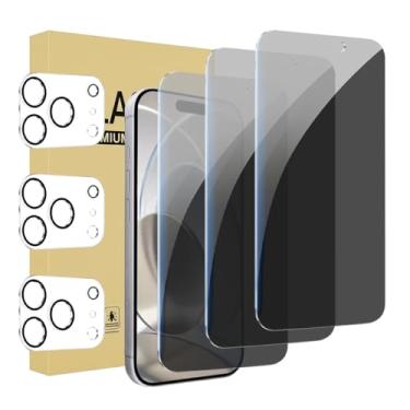 Imagem de Pacote com 3 + 3 protetores de tela para iPhone 17 Pro Max com protetor de lente de câmera cobertura total, película de vidro temperado anti-espião, dureza 9H, fácil instalação, sem bolhas [6,9
