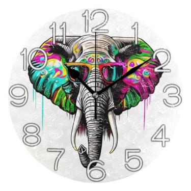 Imagem de GAIGEO Elefante arte colorida relógio de parede decorativo analógico relógio de cozinha rústico redondo sem tique-taque silencioso, decoração de parede vintage sala de estar, 25 cm, ponteiros pretos