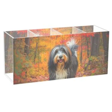 Imagem de TSENQUE Lindo suporte de caneta para mesa, collie barbudo, folhas de outono, parque, acrílico, maquiagem, porta-pincéis, arte, artesanato, decoração de mesa, acessórios de escritório