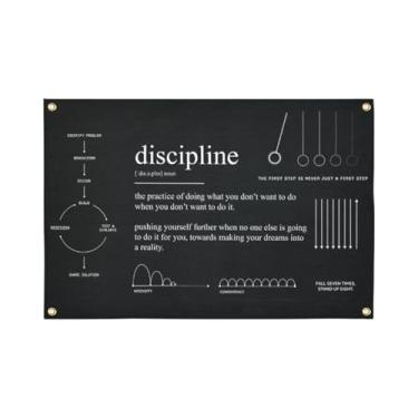 Imagem de Tapeçaria de parede Discipline 9,5 x 1,5 m – Bandeira inspiradora de pôster de energia positiva para dormitório universitário, quarto ou academia em casa – Decoração de arte de parede com citação
