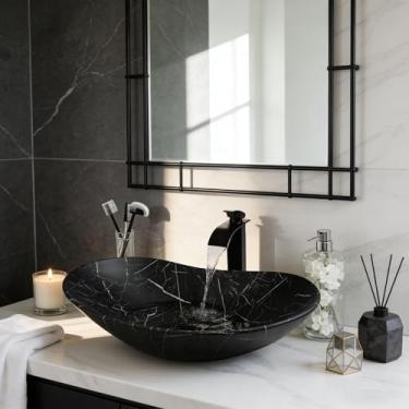 Imagem de Sinku Mccut Pia de banheiro de mármore de cerâmica, pia oval de vaso de porcelana com combinação de torneira e dreno, tigela acima da pia do balcão