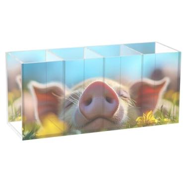 Imagem de TSENQUE Porta-lápis decorativo personalizado para mesa fofo leitão dormindo com estampa de grama para escritório, suporte de pincel de acrílico para caneta