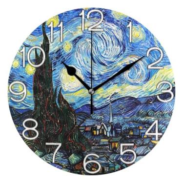 Imagem de Relógio de parede analógico decorativo para quarto e cozinha, funciona a pilhas, decoração de sala de estar, arte moderna, azul, noite estrelada, 25 cm, ponteiros dourados