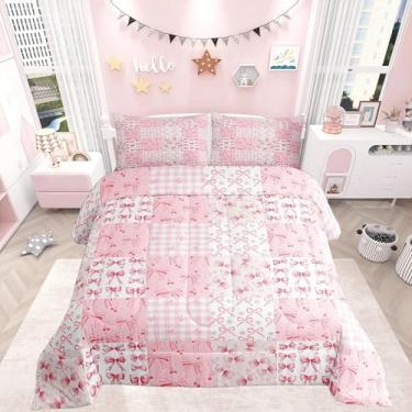 Imagem de Feelyou Conjunto de edredom com laço rosa, tamanho casal, xadrez, com laço, para meninos, meninas, adolescentes, presente para meninas e mulheres, conjunto de edredom respirável