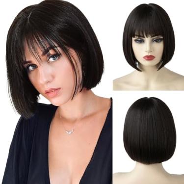Imagem de Peruca curta reta bob com franja 20 cm moda sintética colorida cosplay diária festa peruca para mulheres preto marrom
