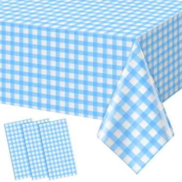 Imagem de YIDAKO 3 peças de toalha de mesa xadrez azul claro, toalhas de mesa xadrez azul búfalo, capas de mesa de plástico descartáveis para aniversário, chá de bebê, festa de casamento, decorações de