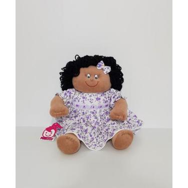 Imagem de Boneca De Pano Lara Negra Morena Pelúcia Lilás Floral 41cm - Polybaby
