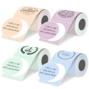 Imagem de Etiqueta térmica de círculo redondo de 4 rolos compatível com impressora de etiquetas Phomemo M100/M110/M150/M221/M220/M120/M200/M250, 50 x 50 mm, 140 etiquetas/rolo preto em rosa e azul e cáqui e