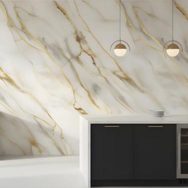 Imagem de Papel De Parede Mármore Branco e Dourado 10m x 45cm Lavável Vinílico Autocolante Para Quarto e Sala