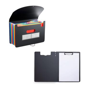 Imagem de Kit Pasta Sanfonada A4 13 Divisórias + Prancheta A4, Pasta Organizadora de Arquivos Durável, Portátil e Compacta para Escritório, Escola e Uso Pessoal (Preto ou Branco) (Cinza)