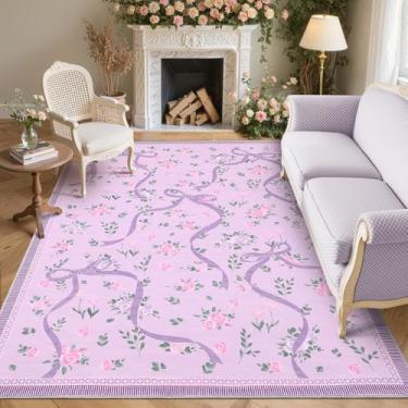 Imagem de GarveeHome Coquette Tapetes roxos para quarto de meninas, tapetes de área de 12 x 18 cm para sala de estar com pelo baixo macio, tapete lavável com laço floral antiderrapante, 12 x 18 cm, para