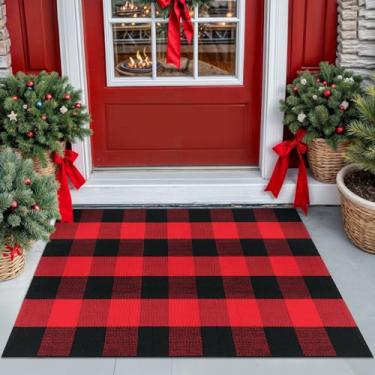 Imagem de KILOCOCO Buffalo Plaid Rug 2.3'x3.6' Red Outdoor Rug for Halloween Door Mat Washable Checkered Rug Layered Front Door Mat for Porch/Farmhouse/Entryway/Patio Christmas Rug Red Carpet