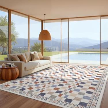 Imagem de GarveeHome Tapete quadriculado colorido moderno para sala de estar, antiderrapante, lavável à máquina, tapete baixo, contemporâneo, abstrato, para sala de jogos, quarto de crianças