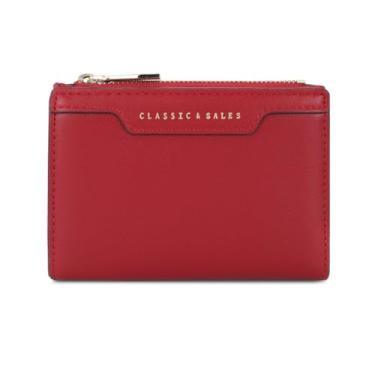 Imagem de Carteira feminina de couro com bloqueio de RFID e compartimento compacto para cartões com zíper e janela para identidade, Vermelho, Carteira feminina simples e moderna