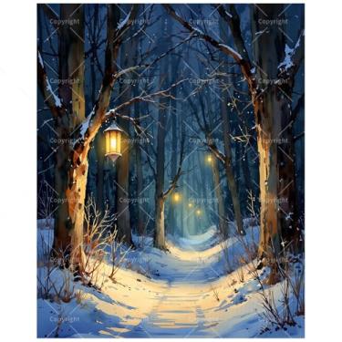Imagem de Kit de pintura de caminhada de lanterna de neve por números para adultos – Pintura de floresta noturna de inverno DIY em tela, conjunto de tinta acrílica, adequado para iniciantes, arte para decoração
