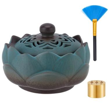 Imagem de WEBEEDY Queimador de incenso de cerâmica lótus com tampa, suporte para queimador de incenso em bastão de cone estilo zen retrô para sala de meditação de ioga, decoração de Natal, casa, escritório