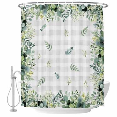 Imagem de Cortina de chuveiro de folhas de eucalipto primavera cinza Buffalo xadrez conjunto de cortinas de banho de tecido impermeável para banheiro decoração de banheira acessórios de casa 182 x 182