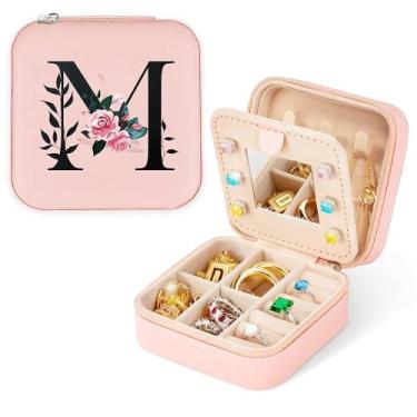 Imagem de Estojo de joias de viagem, presentes para mulheres, brinco, caixa de joias, presentes de Natal para irmãs, pulseira organizadora, caixa de anel, pequeno pino com espelho, rosa, letra M