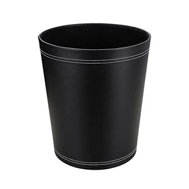 Imagem de KINGFOM Cesta de papel para lixeira clássica de couro, cesto de papel para banheiro, cozinha, escritório e hotel de alta classe, Black-round, 1