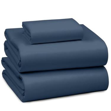 Imagem de RUVANTI Jogo de cama solteiro tamanho GG 100% algodão - 300 fios de cetim macio sedoso, refrescante, leve e respirável, bolso profundo de 41 cm, durável e luxuoso, 3 peças, azul escuro