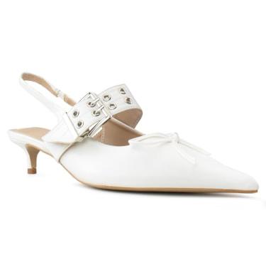 Imagem de RF ROOM OF FASHION Sapatilhas femininas de bico fino, salto mula, gatinho, design de joia de cristal com fivela, estilo Mary Jane, Poliuretano branco - Alça com fivela, 35