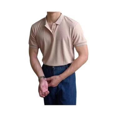 Imagem de Camisa Polo Masculina Slim Fit De Cor Sólida Com Listras Verticais, Re