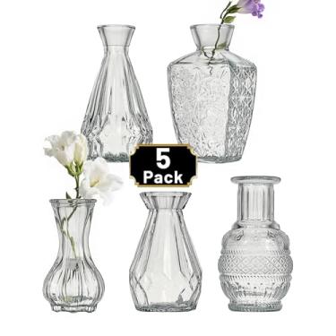 Imagem de Tahnach Conjunto de 5 vasos de vidro minimalistas pequenos para flores, decoração de casa rústica vintage para mesa de centro de mesa, festa de casamento, garrafa de aromaterapia transparente moderna
