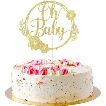 Imagem de AROKIPPRY Topo de bolo dourado com glitter Oh, decoração de bolo de festa, guirlanda de bebê, para chá de bebê/festa de revelação de gênero/adereços de cabine de fotos