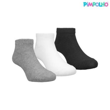Imagem de Kit 3 Pares Meia Lisa Cano Baixo Algodão Branca Cinza Preta Pimpolho, 
