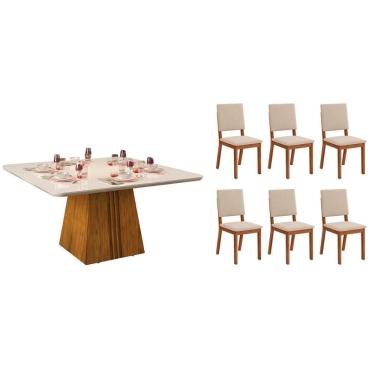 Imagem de Conjunto: Mesa de Cozinha Itália c/ Tampo Madeirado c/ Vidro Curvo 136x136cm e 6 Cadeiras Talia Freijo/Off White - Suede Creme - DJ Móveis
