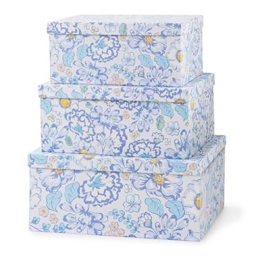 Imagem de Soul & Lane Caixas de armazenamento decorativas de papelão para decoração de casa, Sky Meadow, conjunto de 3: armazenamento de papelão floral com tampas, caixas de memória para lembranças e fotos