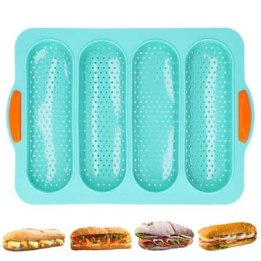 Imagem de Forma de pão de 4 furos, formas de rolo de jantar para assar baguete antiaderente molde de silicone para assar pão baguete francês (verde)