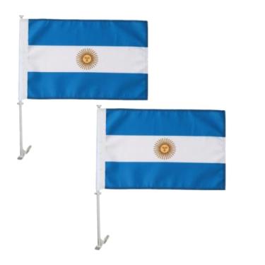 Imagem de Pacote com 2 bandeiras de carro nacional argentino dupla face 28 x 43 cm com suporte de mastro, bandeira de carro argentina 3PLY de nylon 220D premium, suporte de clipe de janela fixa de mastro de 48