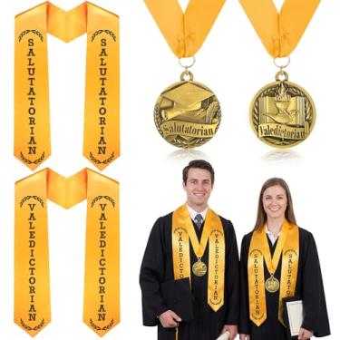 Imagem de Funnysoft Pacote com 4 estolas de formatura e medalha de prêmio 2026 Valedictorian Salutatorian Graduation Stole and Award Medalha com fita dourada Grossgrain para estudantes