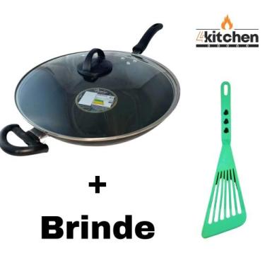Imagem de Panela Frigideira Wok Antiaderente Teflon Preto n32 + Brinde Cor:Azul 