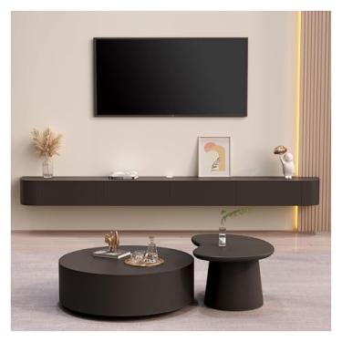 Imagem de Suporte de TV flutuante montado na parede armário de entretenimento com porta, console de mídia de madeira maciça para sala de estar moderna, design de canto redondo - solução elegante e econômica de