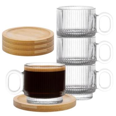 Imagem de Jogo 4 Canecas Graffiato Vidro Transparente Com Pires Bambu Para Café 
