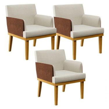 Imagem de Kit 03 Poltronas Decorativa Base Mel Beatriz W01 Linho Champagne Couríssimo Marrom