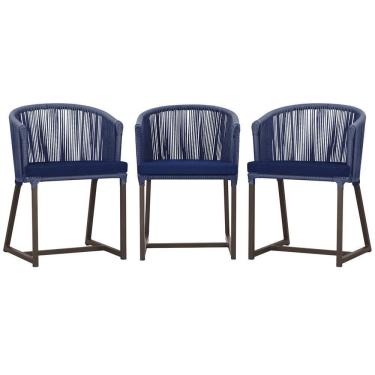 Imagem de 3 Cadeiras De Jantar Noronha Marrom Corda Náutica E10 Trama Azul