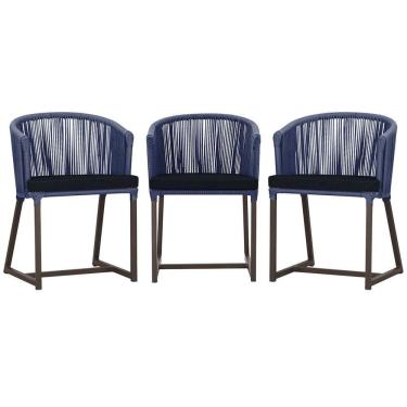 Imagem de 3 Cadeiras De Jantar Noronha Marrom Corda Náutica E12 Trama Azul