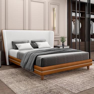 Imagem de Cama Casal Base Box Pés Madeira 148cm Suném P05 Couríssimo Whisky Bouclê Cru - Lyam Decor